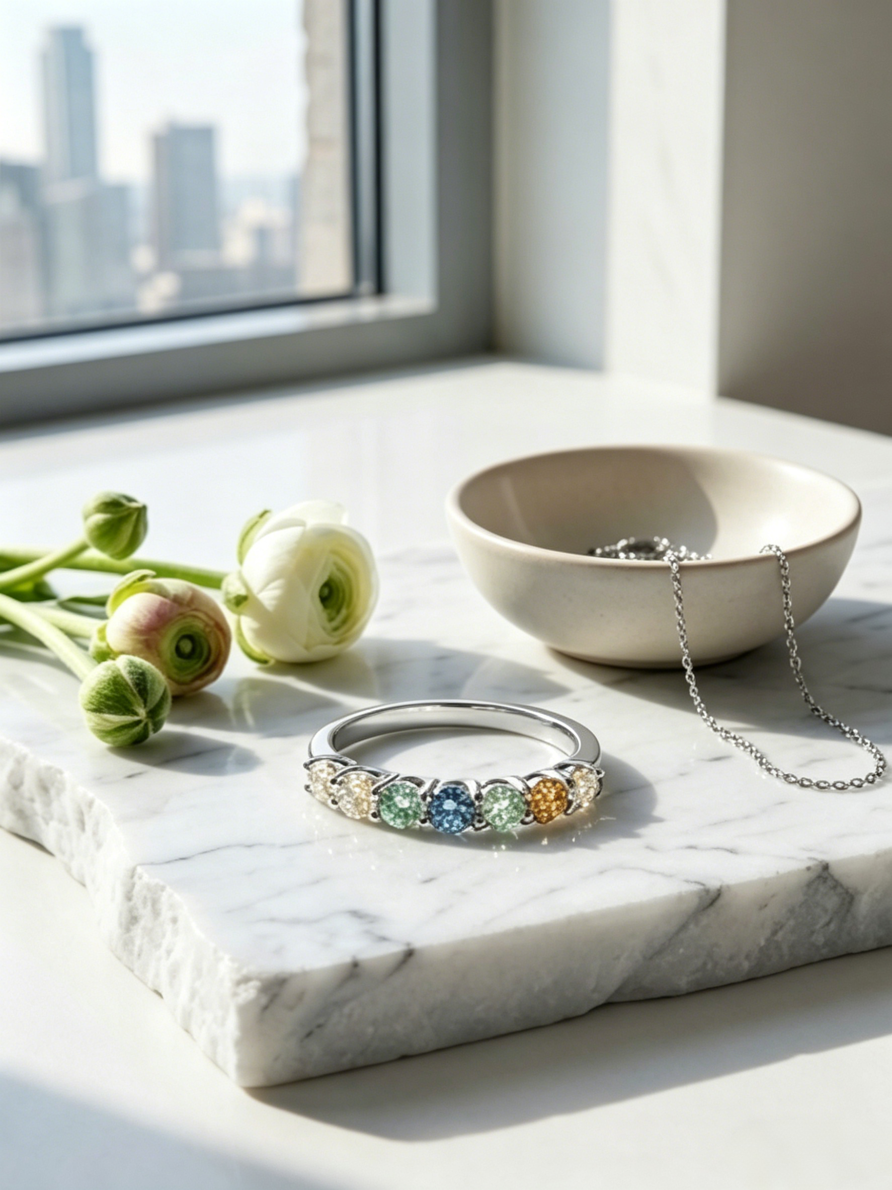 7-stone colorful moissanite ring — VVS1 clarity, sea foam to amber gradient | TARA AYARH LUNE