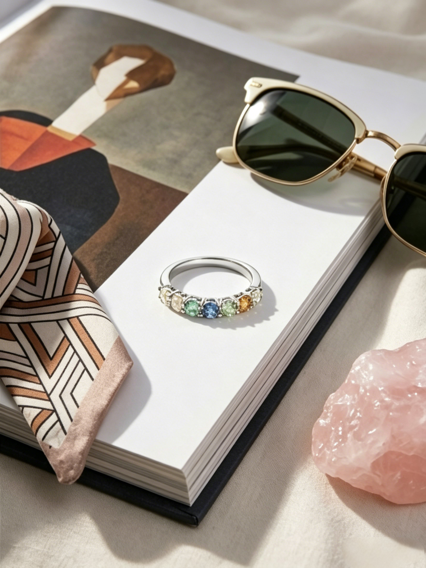 Multi-color moissanite ring on hand — stackable rainbow band, platinum-plated S925 silver | TARA AYARH LUNE