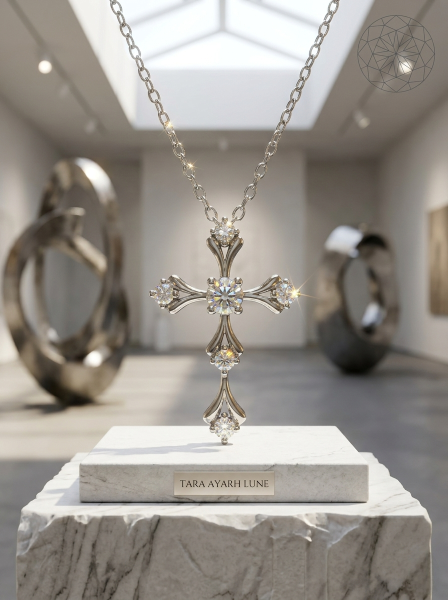 Multi-Stone Moissanite Cross Pendant Necklace | Celestial Cross Lattice Setting | TARA AYARH LUNE
