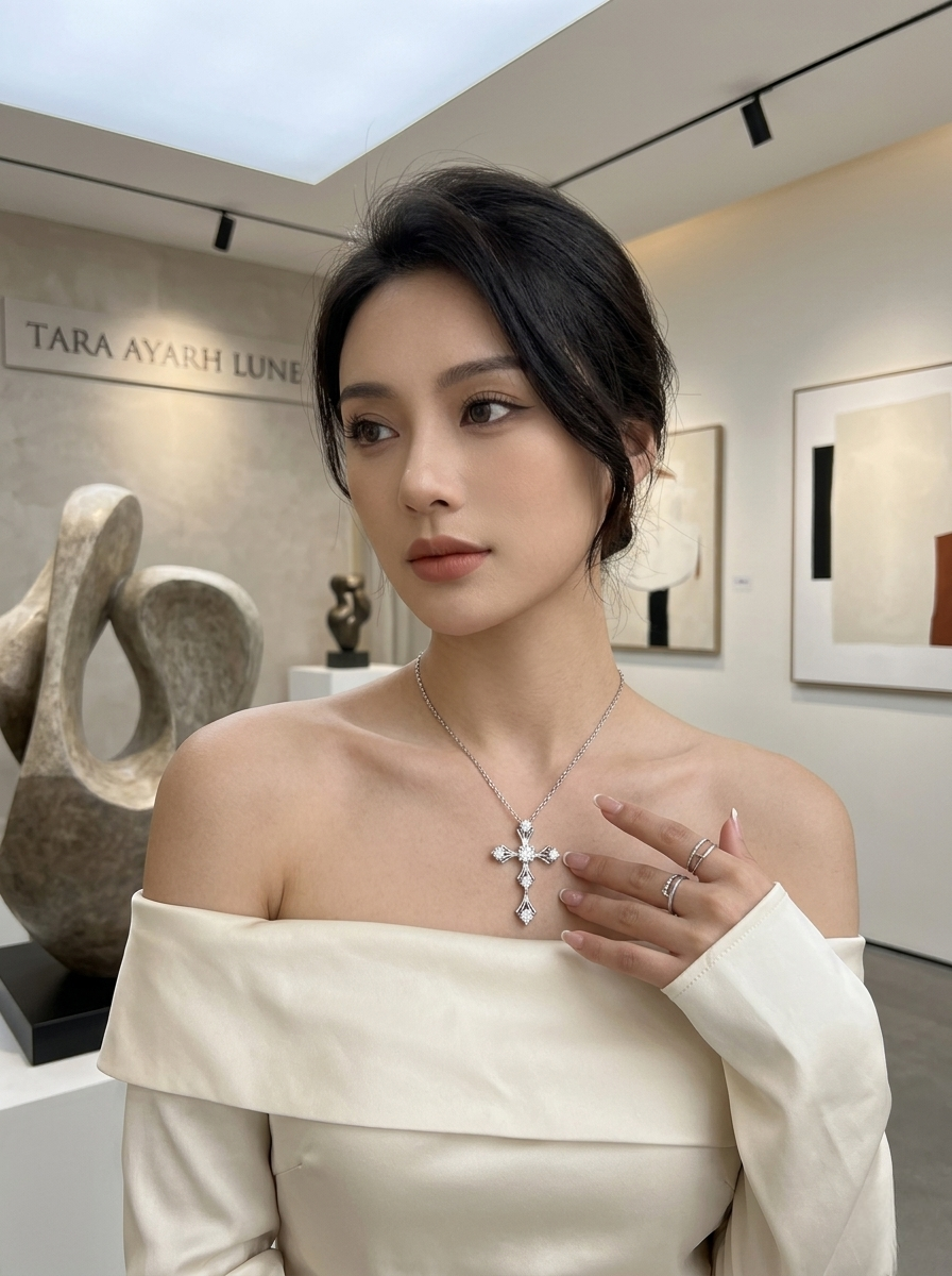 Multi-Stone Moissanite Cross Pendant Necklace | Celestial Cross Lattice Setting | TARA AYARH LUNE