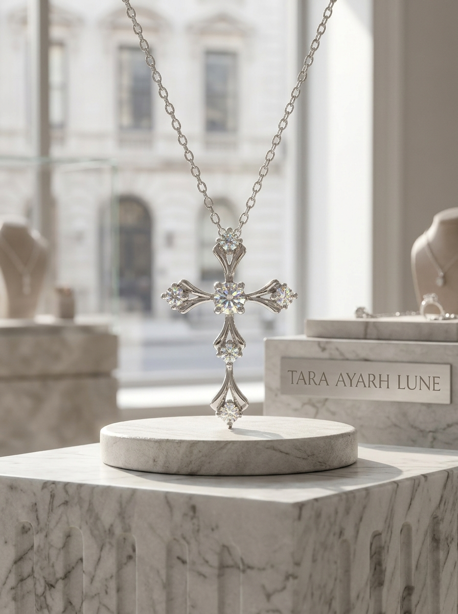 Multi-Stone Moissanite Cross Pendant Necklace | Celestial Cross Lattice Setting | TARA AYARH LUNE