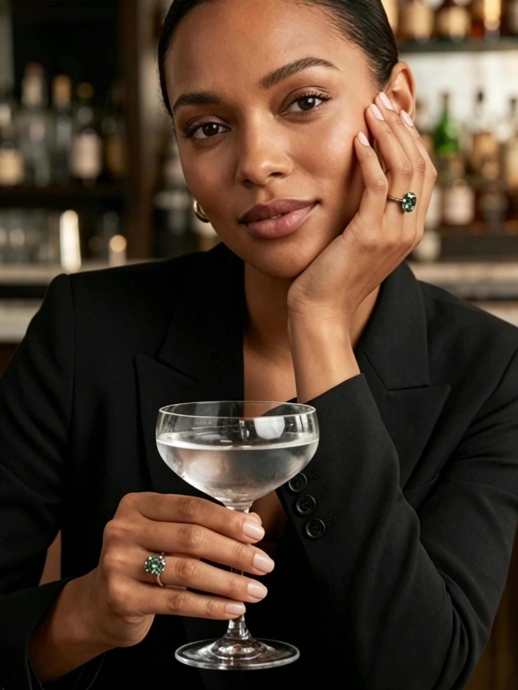 Blue green oval moissanite ring on hand — alternative luxury, platinum-plated S925 silver | TARA AYARH LUNE