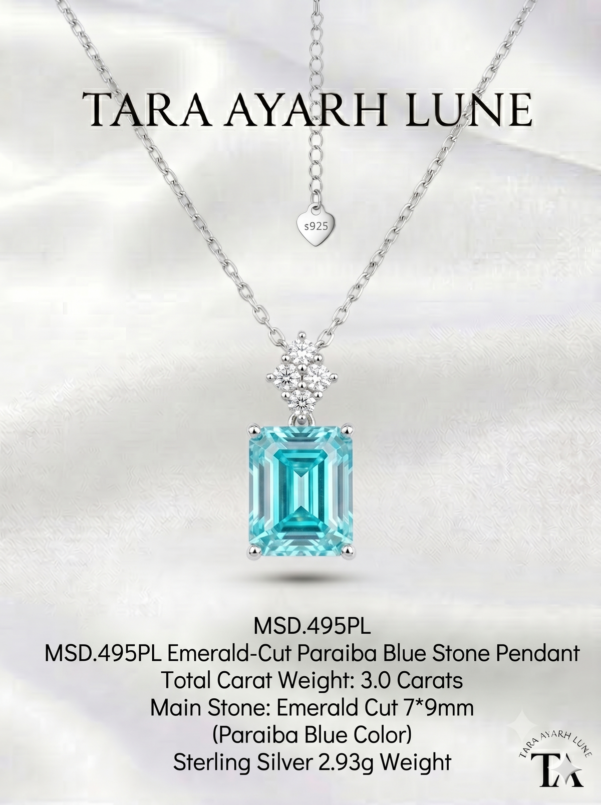 Paraiba blue moissanite geometric pendant spec card — 3ct, 7×9mm, VVS1 | TARA AYARH LUNE