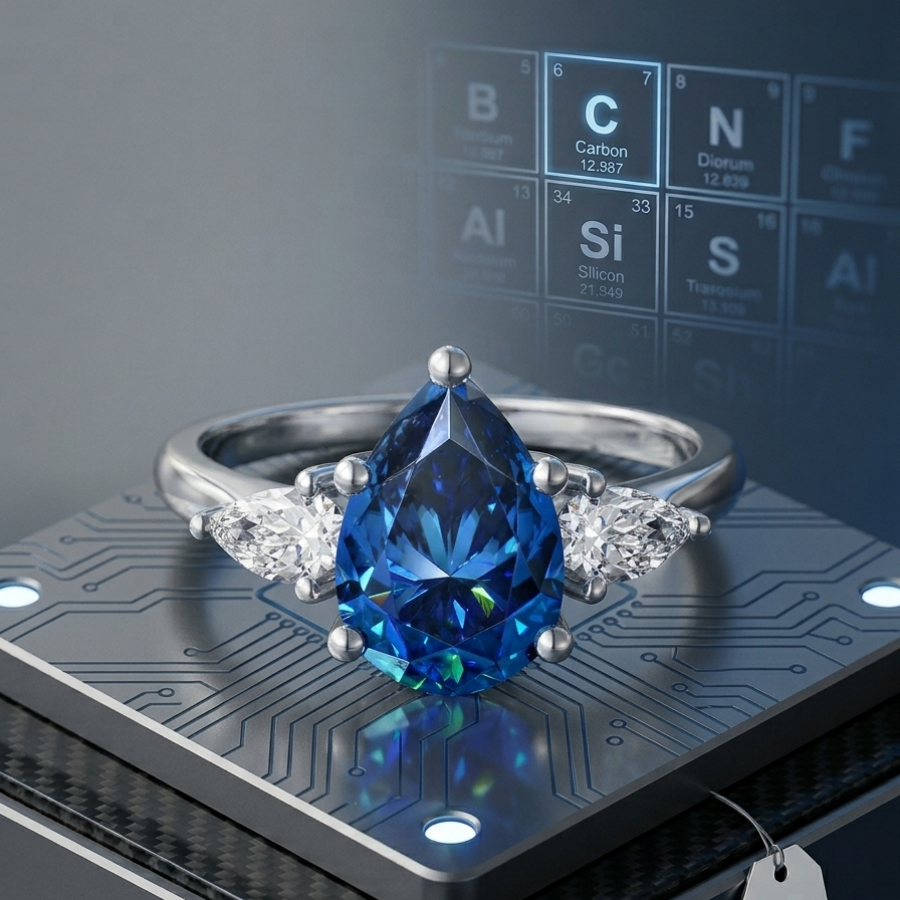 2ct pear-cut blue moissanite three-stone trilogy ring — trilogy tear setting, VVS1, 925 sterling silver | TARA AYARH LUNE