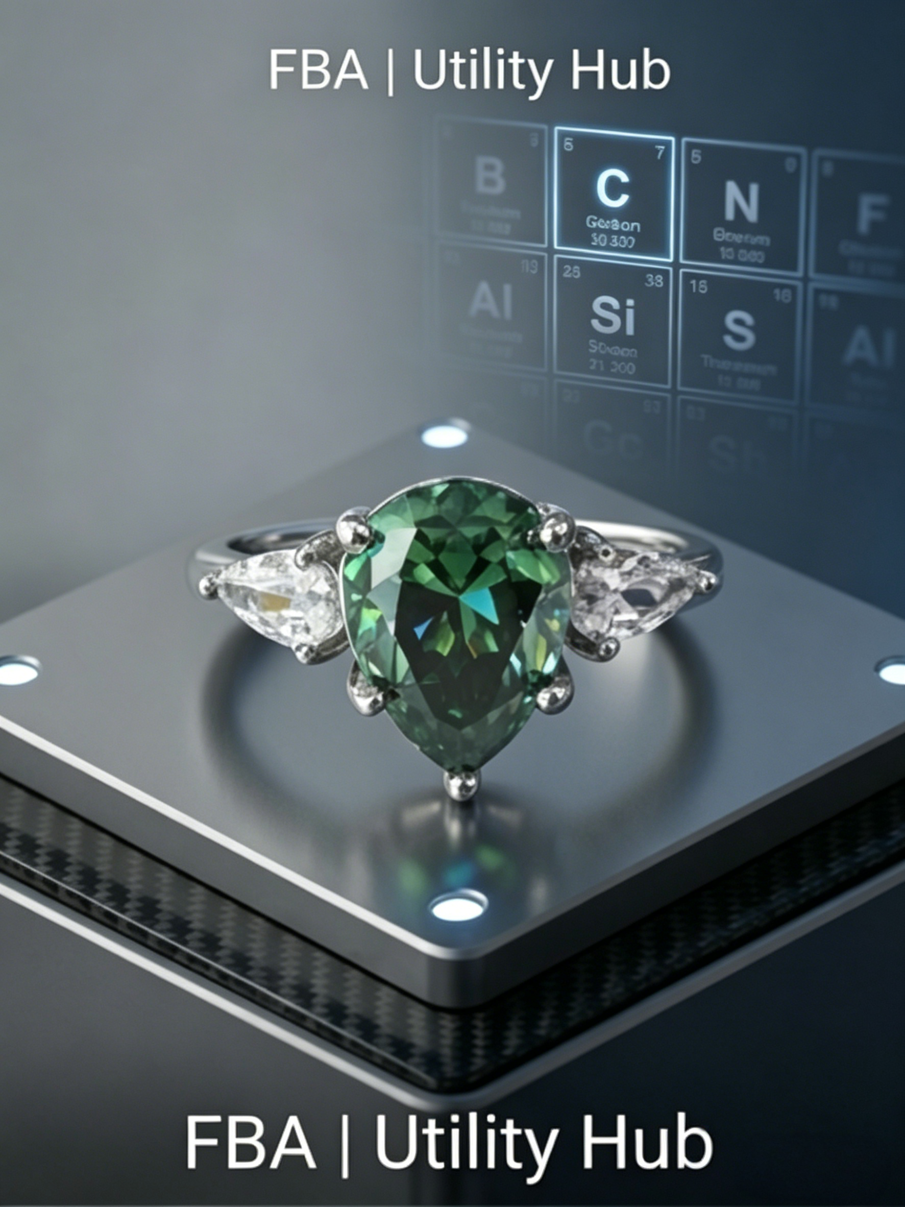 2ct pear-cut blue moissanite trilogy ring display — precision lab luxury, VVS1, 925 sterling silver | TARA AYARH LUNE
