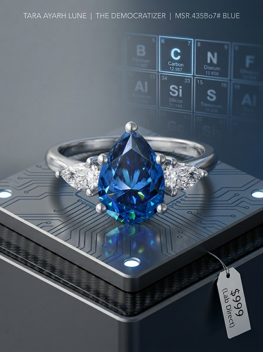 2ct pear-cut blue moissanite trilogy ring product display — three-stone pavé setting, VVS1, rhodium-plated 925 silver | TARA AYARH LUNE
