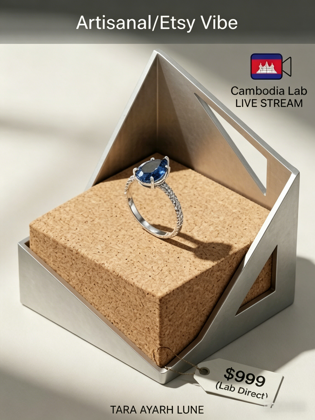 Deep-sea blue pear moissanite ring side view — fluid teardrop silhouette, structural accents | TARA AYARH LUNE
