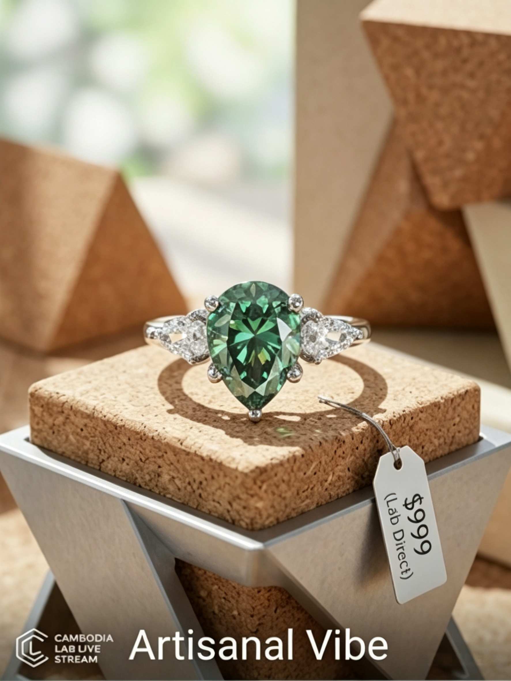 2ct pear-cut green moissanite trilogy ring product display — trilogy tear setting, VVS1, 925 sterling silver | TARA AYARH LUNE