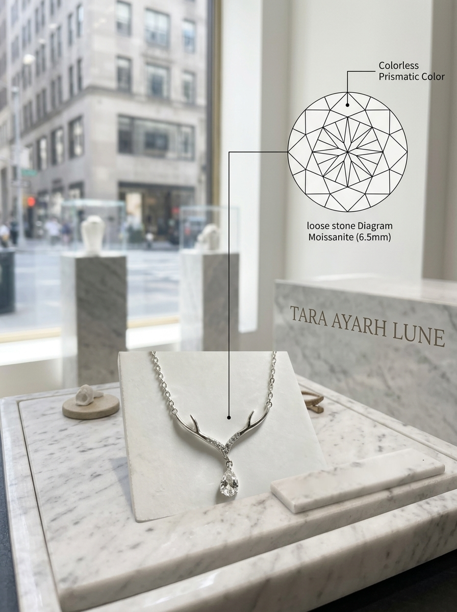 Pear-Cut Moissanite Antler Branch Pendant Necklace | Forest Muse Nature Setting | TARA AYARH LUNE