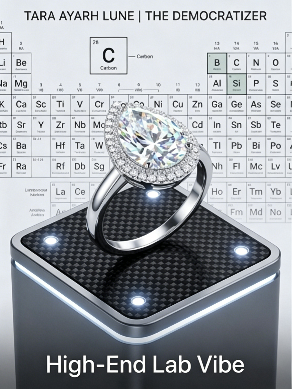 4ct pear-cut moissanite double halo ring spec display — lab-grown VVS1, 925 sterling silver | TARA AYARH LUNE