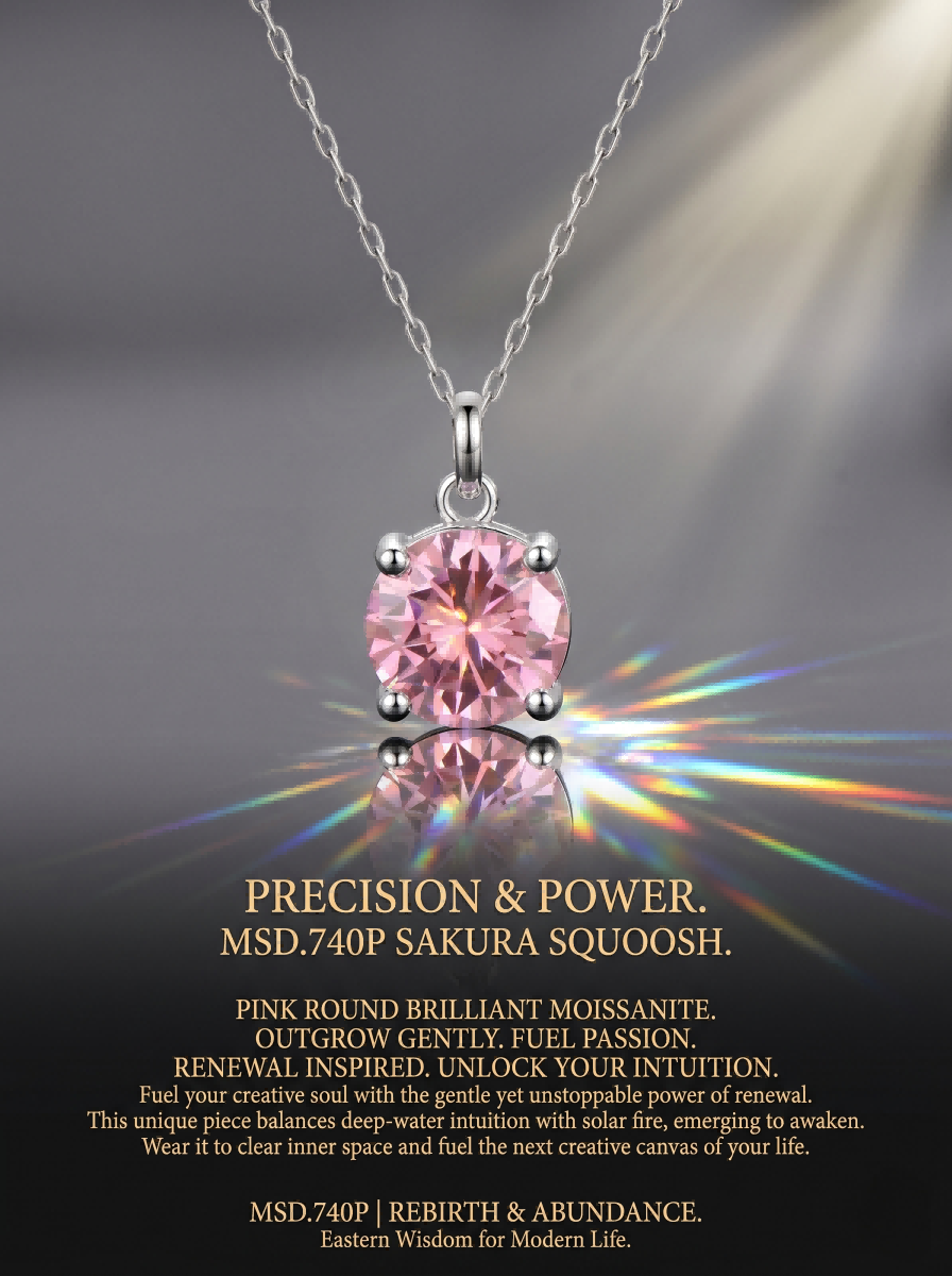 Pink moissanite pendant editorial — authority radiates through grace theme | TARA AYARH LUNE
