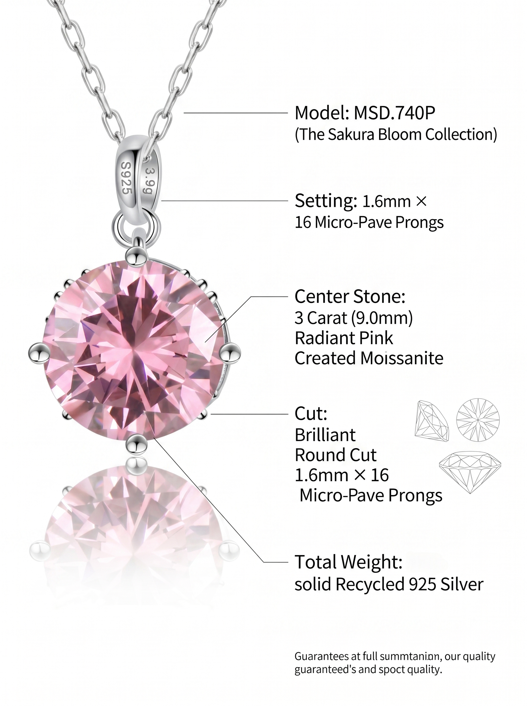3ct pink moissanite pendant spec card — VVS1, 3.9g, recycled 925 silver | TARA AYARH LUNE