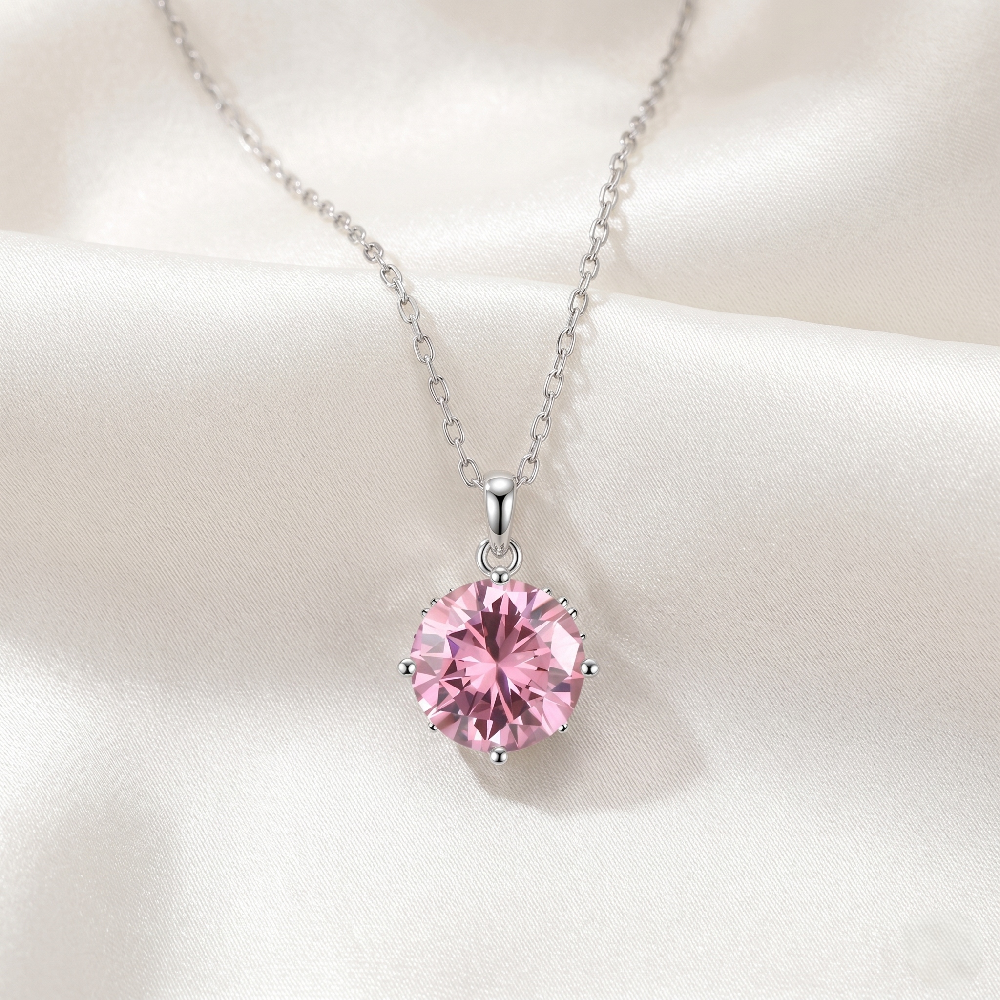 3ct round-cut pink moissanite pendant necklace — 16-prong micro-pavé setting, 925 silver | TARA AYARH LUNE
