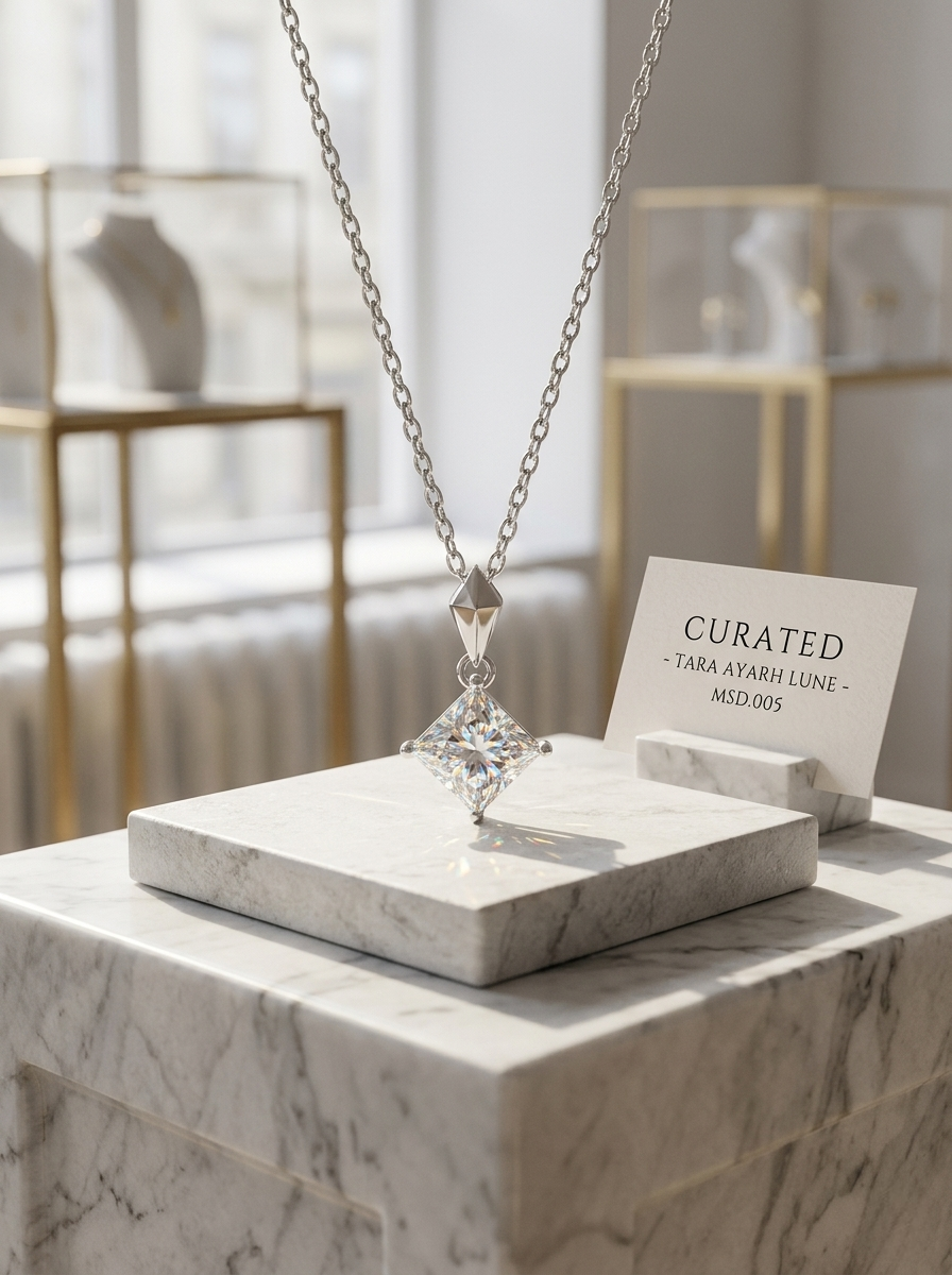 1ct Princess-Cut Moissanite Pendant Necklace | Geometry of Light Architectural Setting | TARA AYARH LUNE