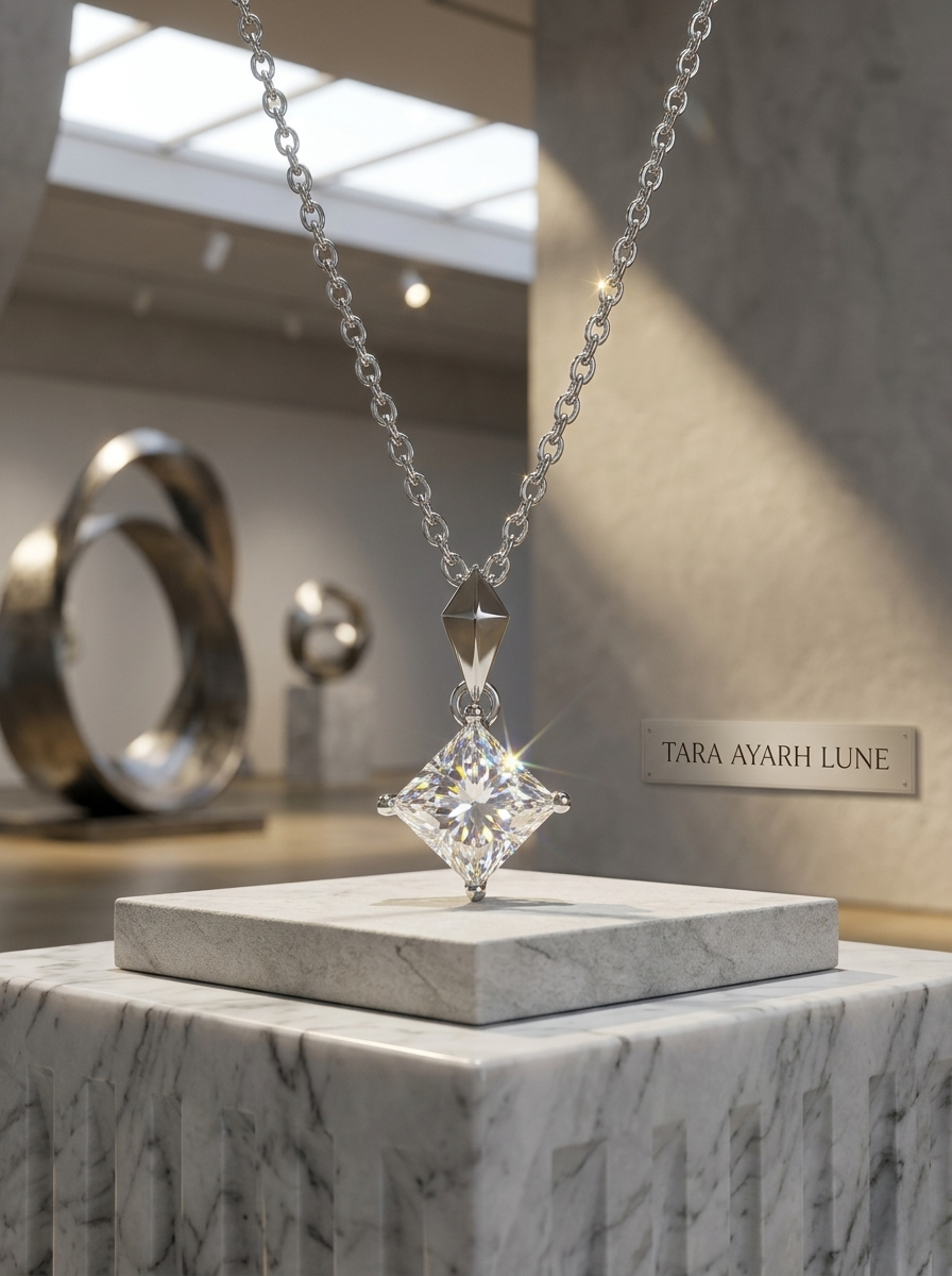 1ct Princess-Cut Moissanite Pendant Necklace | Geometry of Light Architectural Setting | TARA AYARH LUNE