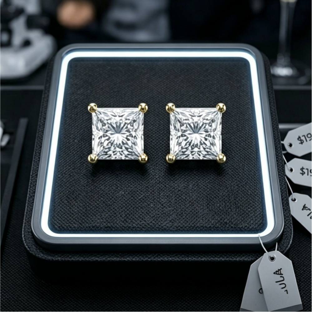 2ctw princess-cut moissanite stud earrings — warm gold finish, V-prong basket setting | TARA AYARH LUNE