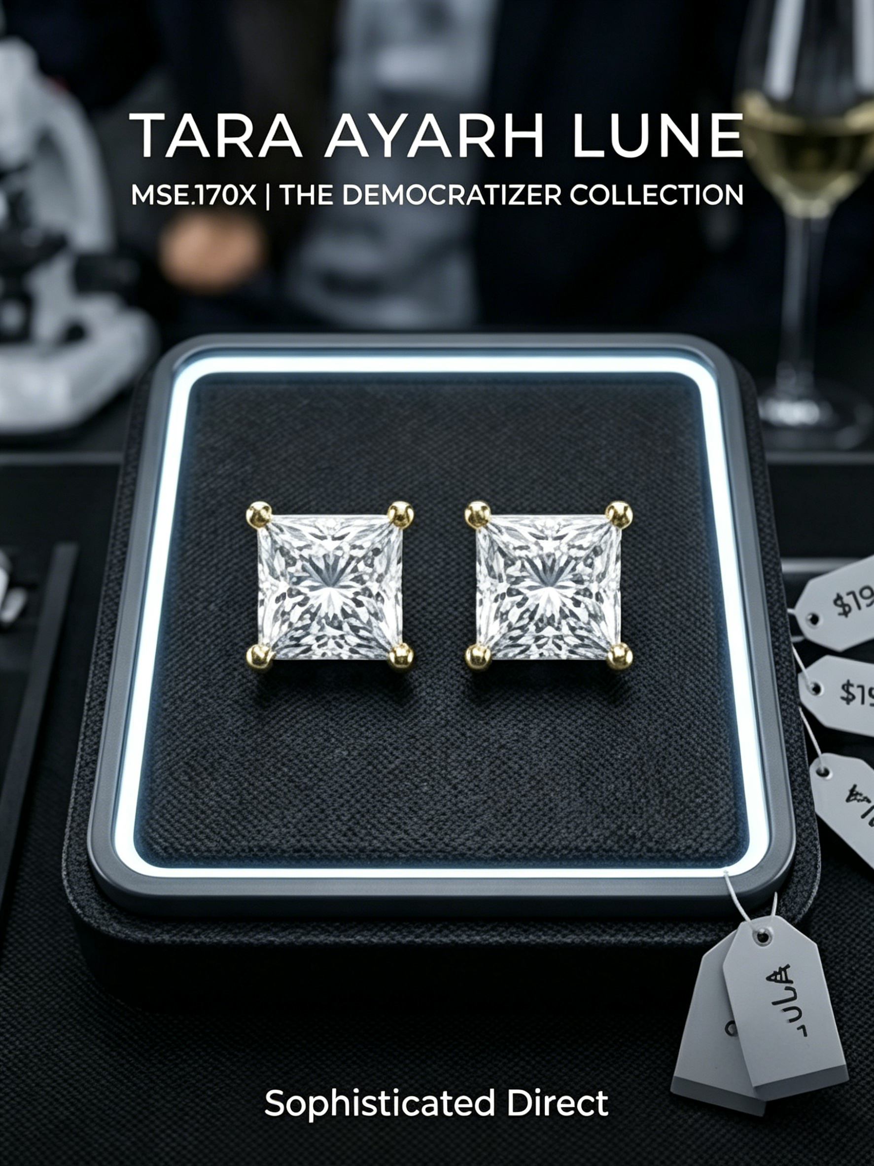 2ctw princess-cut moissanite stud earrings — warm gold finish, V-prong basket setting | TARA AYARH LUNE