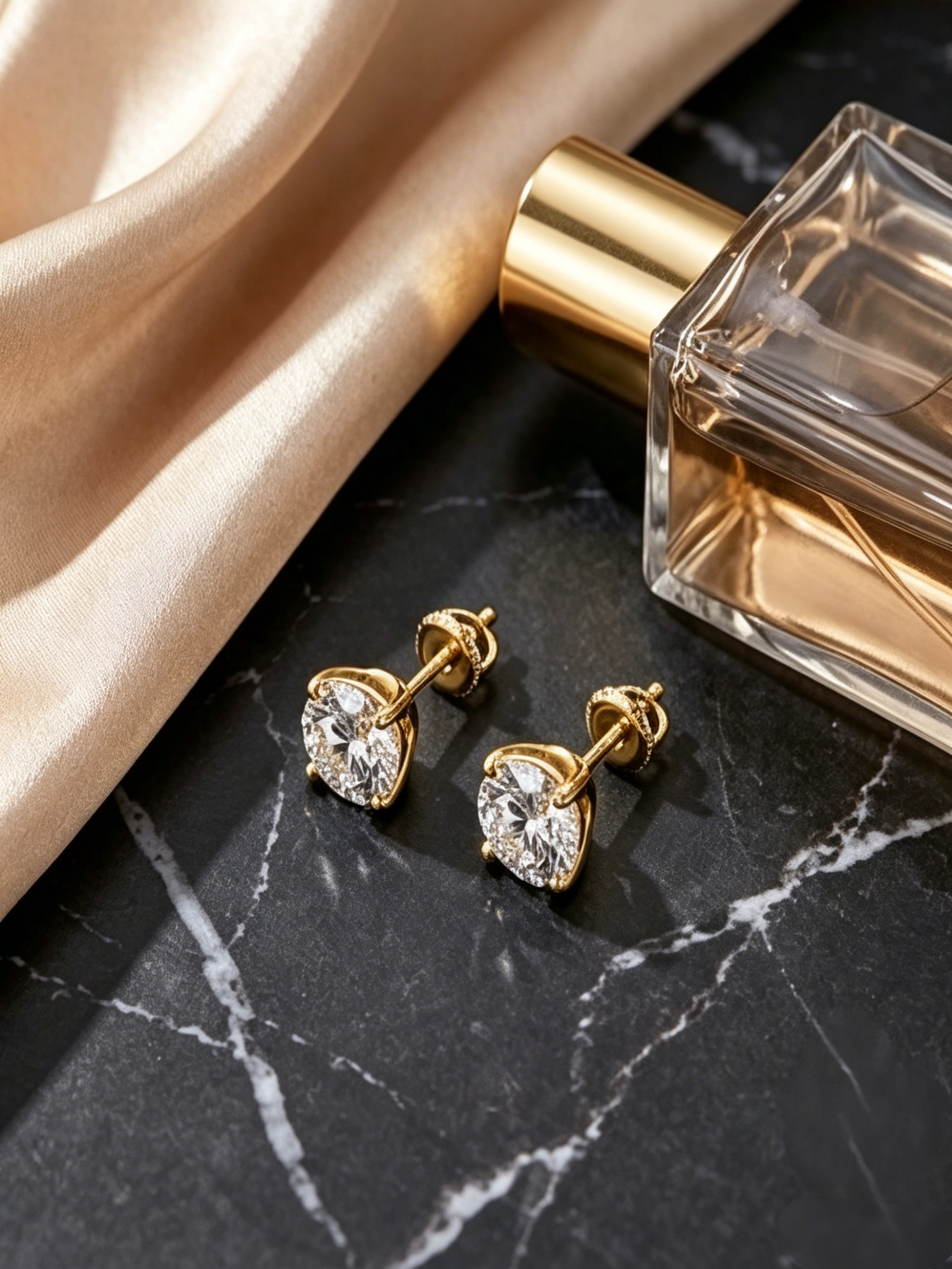 Round moissanite stud earrings gold — 4-prong setting, marble surface detail | TARA AYARH LUNE