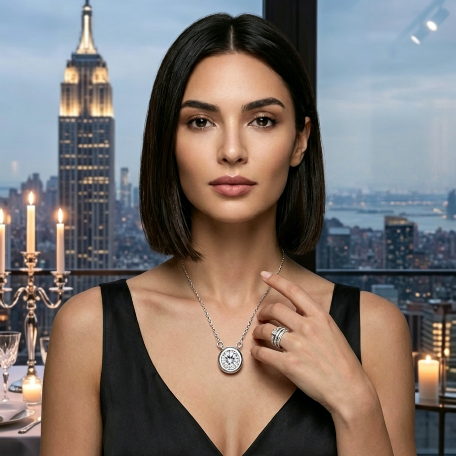 1ct Round-Cut Moissanite Bezel Solitaire Pendant Necklace | Orbital Minimalist | TARA AYARH LUNE