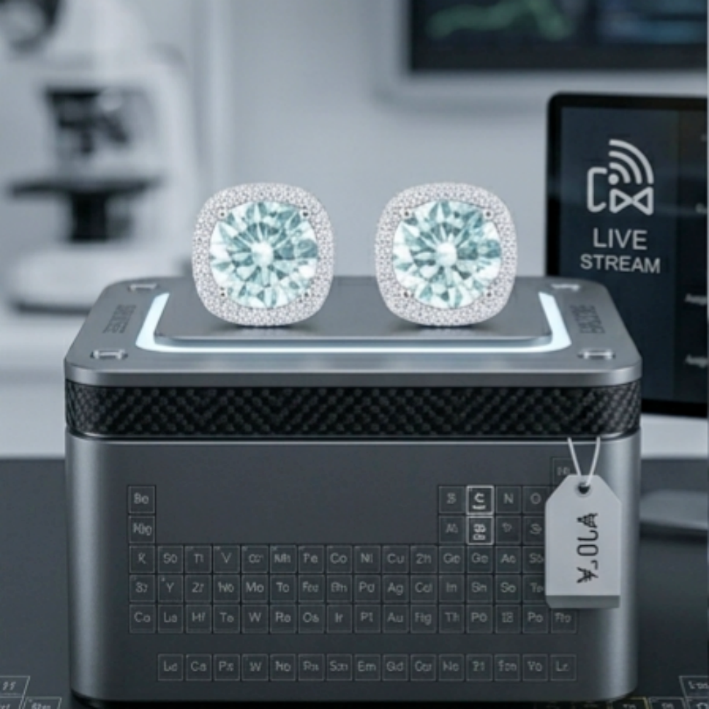 2ctw round moissanite cushion halo stud earrings — 1ct per ear, optical illusion halo effect | TARA AYARH LUNE