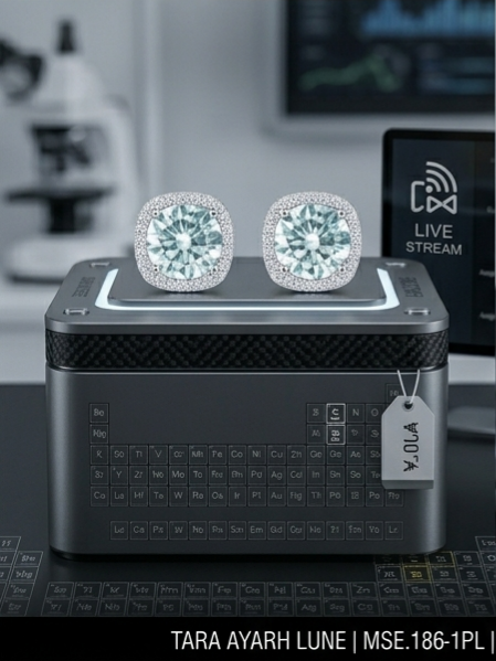 2ctw round moissanite cushion halo stud earrings — 1ct per ear, optical illusion halo effect | TARA AYARH LUNE