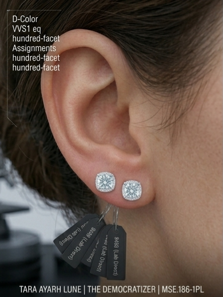 Round moissanite cushion halo stud earrings on model — 2ctw, platinum-plated S925 silver | TARA AYARH LUNE