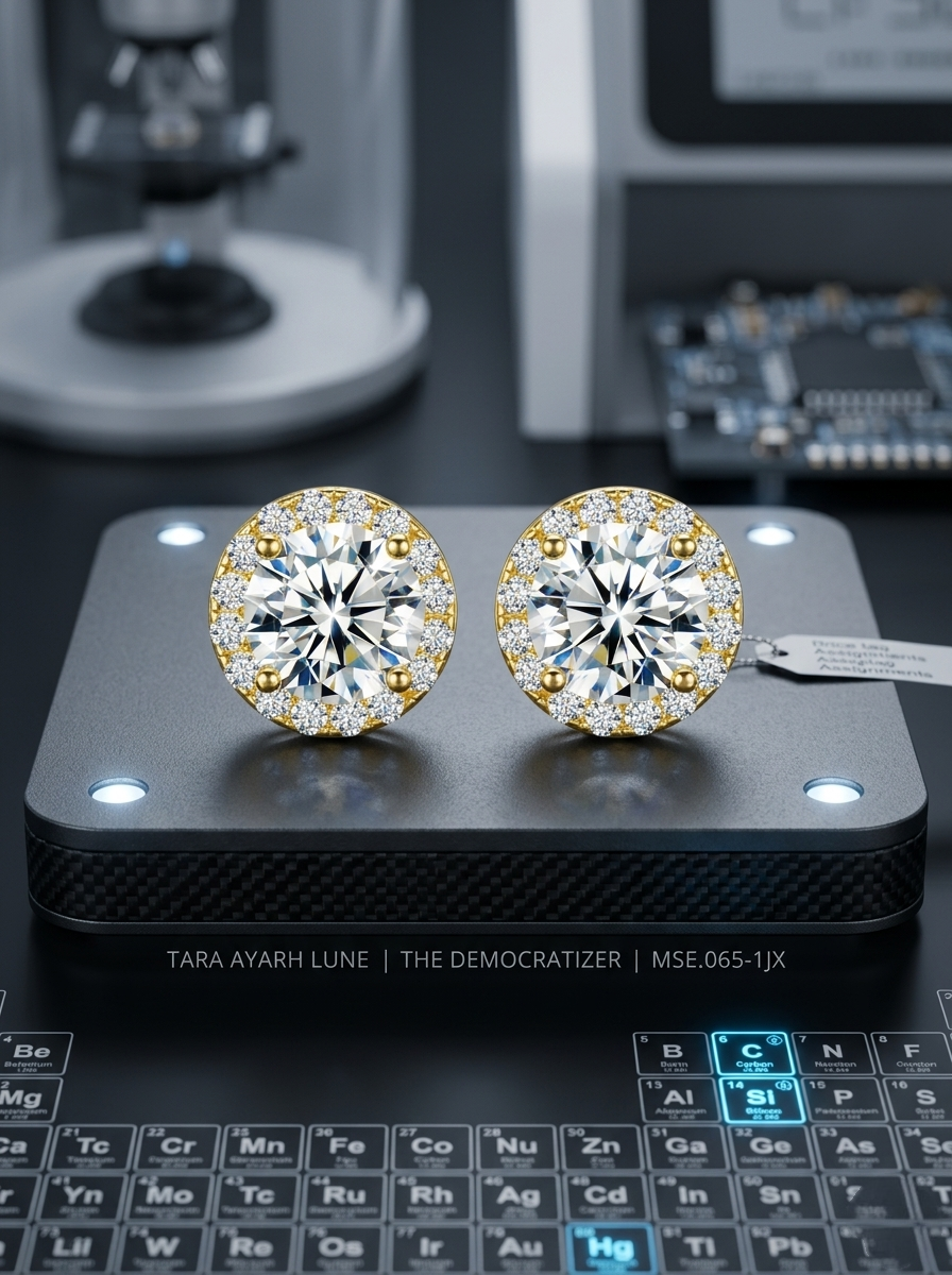 1ct round moissanite halo stud earrings — gilded finish, vintage-inspired warmth | TARA AYARH LUNE