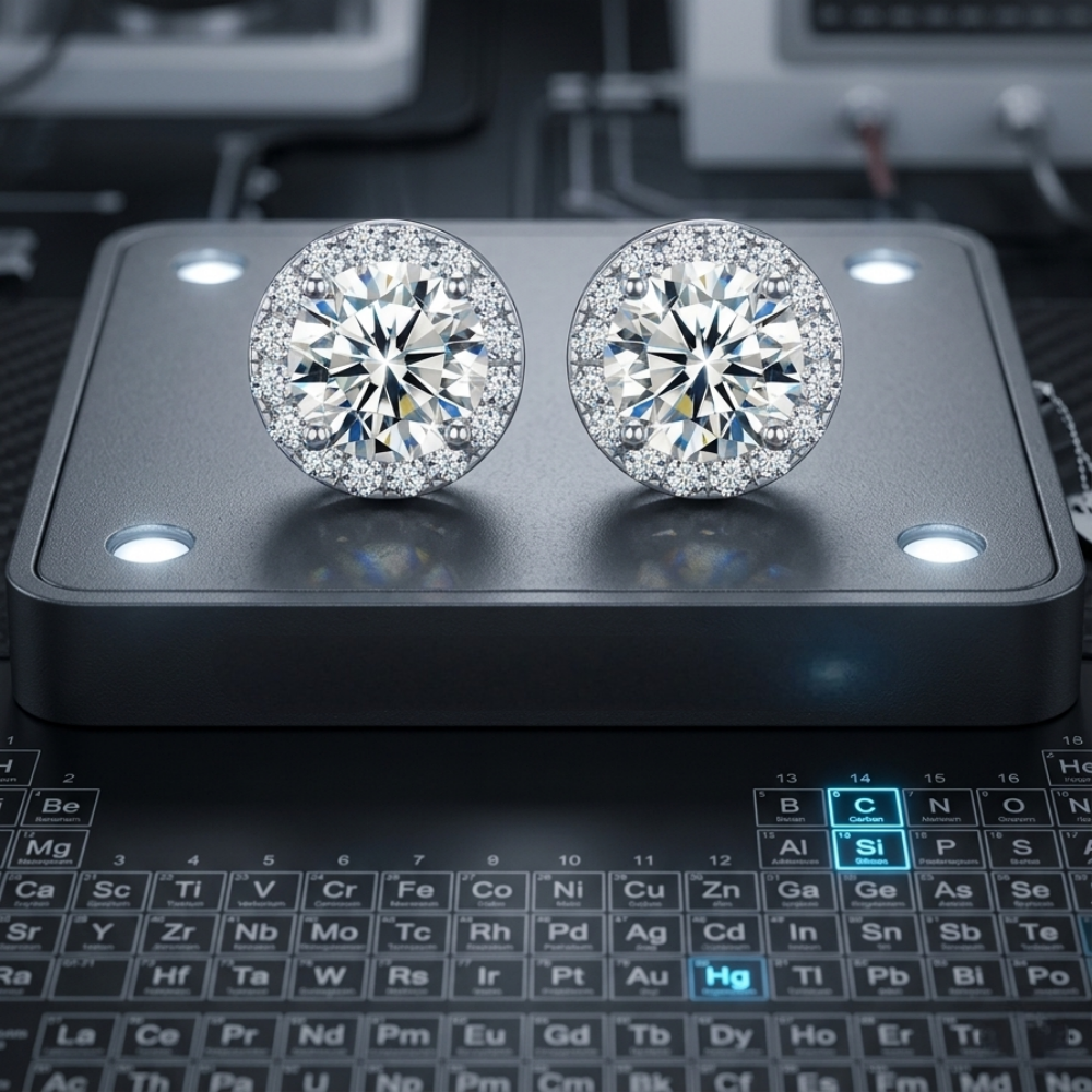 1ct round moissanite halo stud earrings — silver platinum-plated, 6.5mm center stone | TARA AYARH LUNE