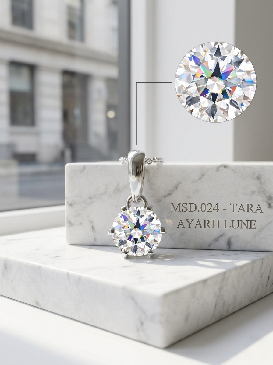 1ct Round-Cut Moissanite Solitaire Pendant Necklace | Six-Prong Crown | TARA AYARH LUNE