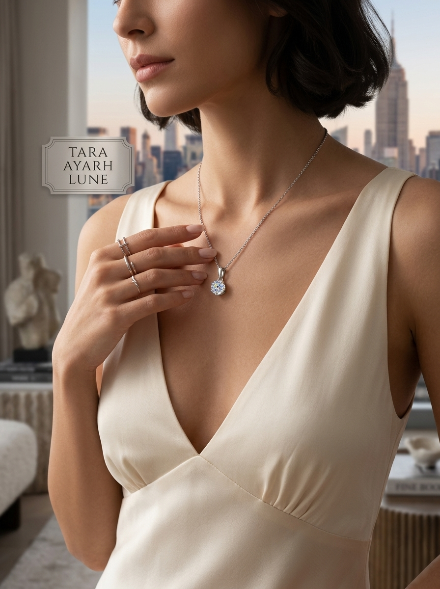 1ct Round-Cut Moissanite Solitaire Pendant Necklace | Six-Prong Crown | TARA AYARH LUNE
