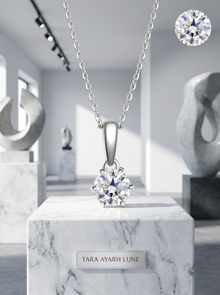 1ct Round-Cut Moissanite Solitaire Pendant Necklace | Six-Prong Crown | TARA AYARH LUNE