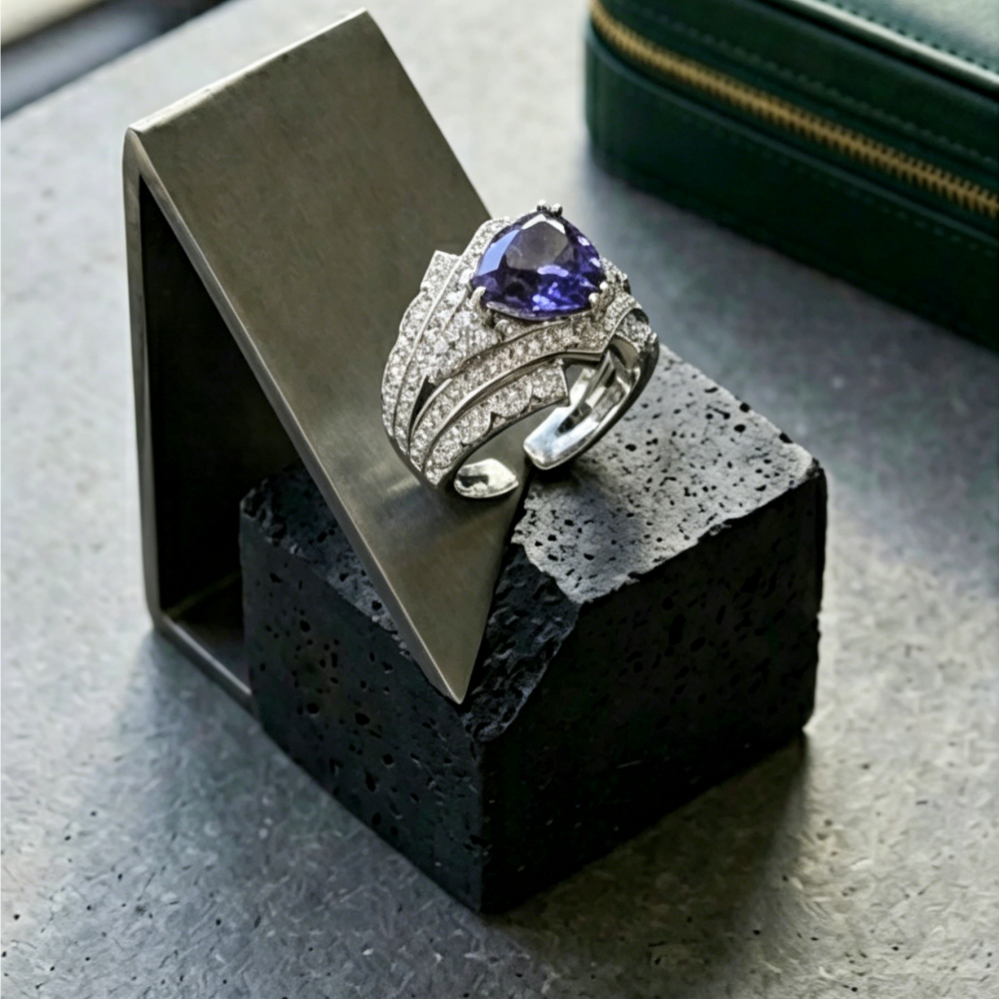 4ct trillion-cut blue moissanite ring — midnight blue, V-shaped dual-layer pavé band | TARA AYARH LUNE