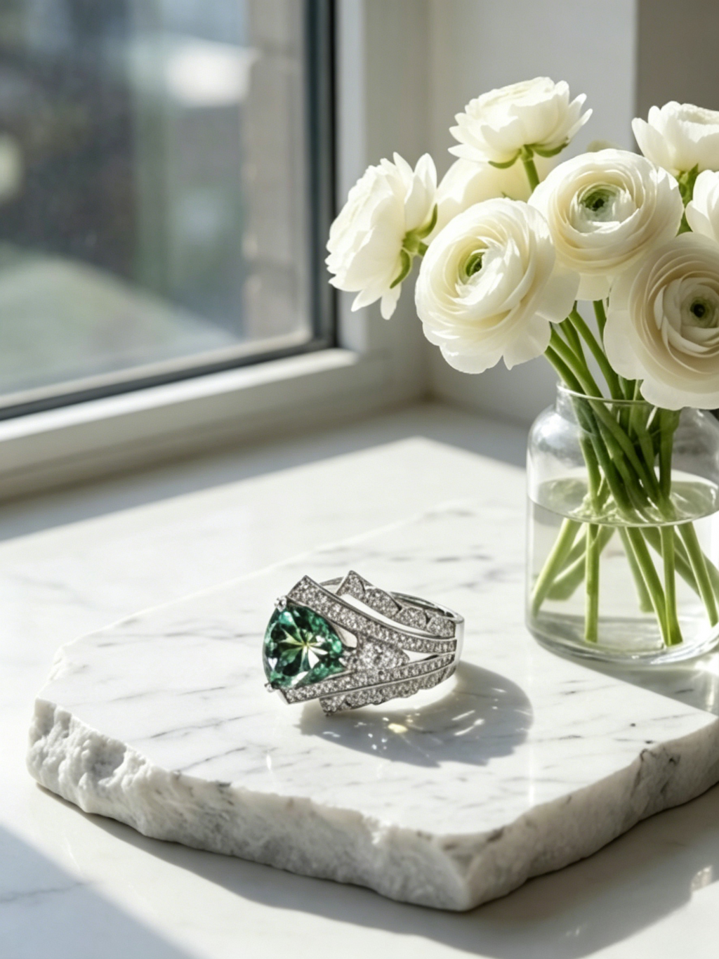4ct trillion-cut green moissanite ring — forest green, geometric V-band masterpiece | TARA AYARH LUNE