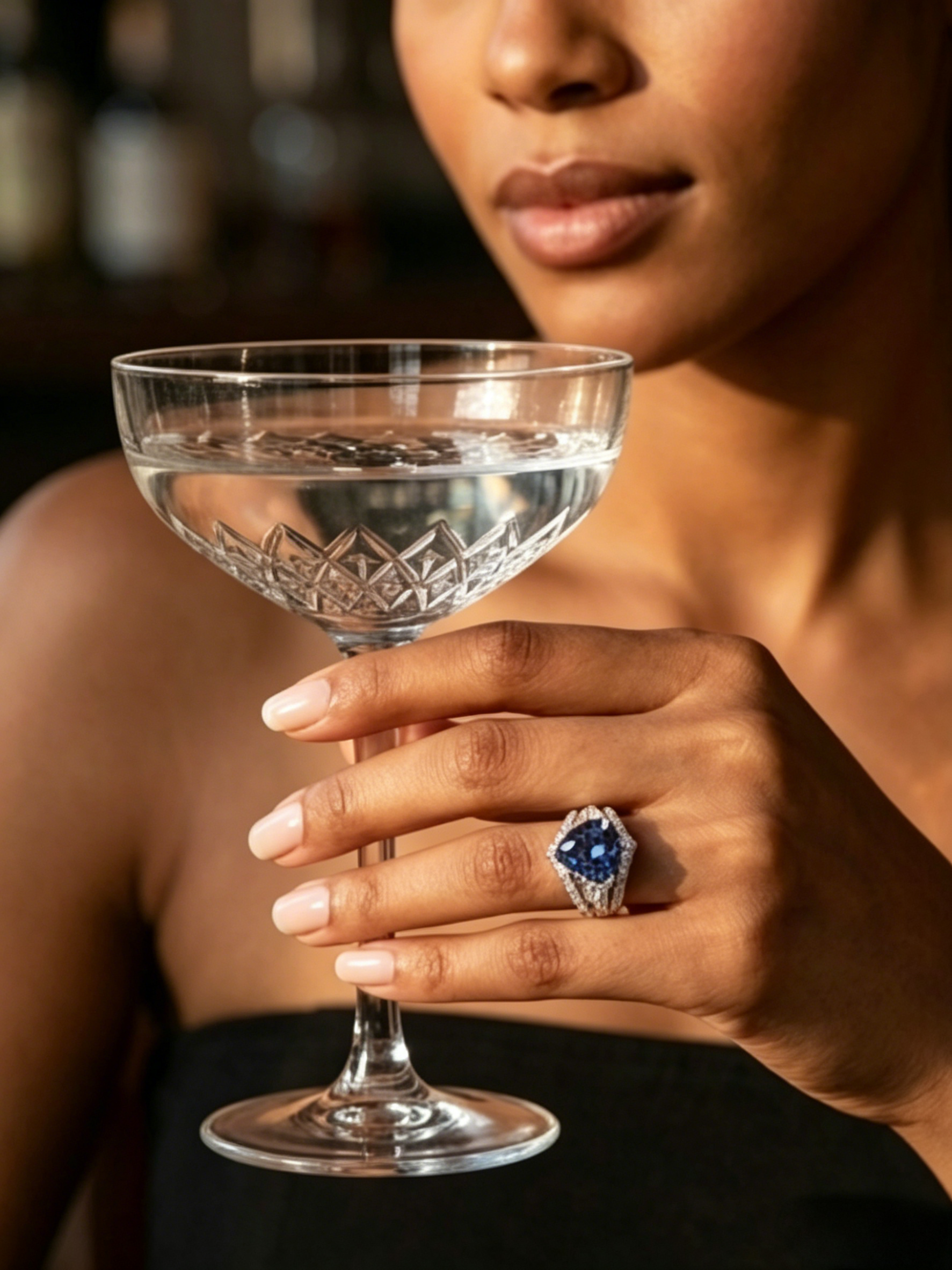 Trillion cut moissanite ring side view — double pavé band, multidimensional light play | TARA AYARH LUNE