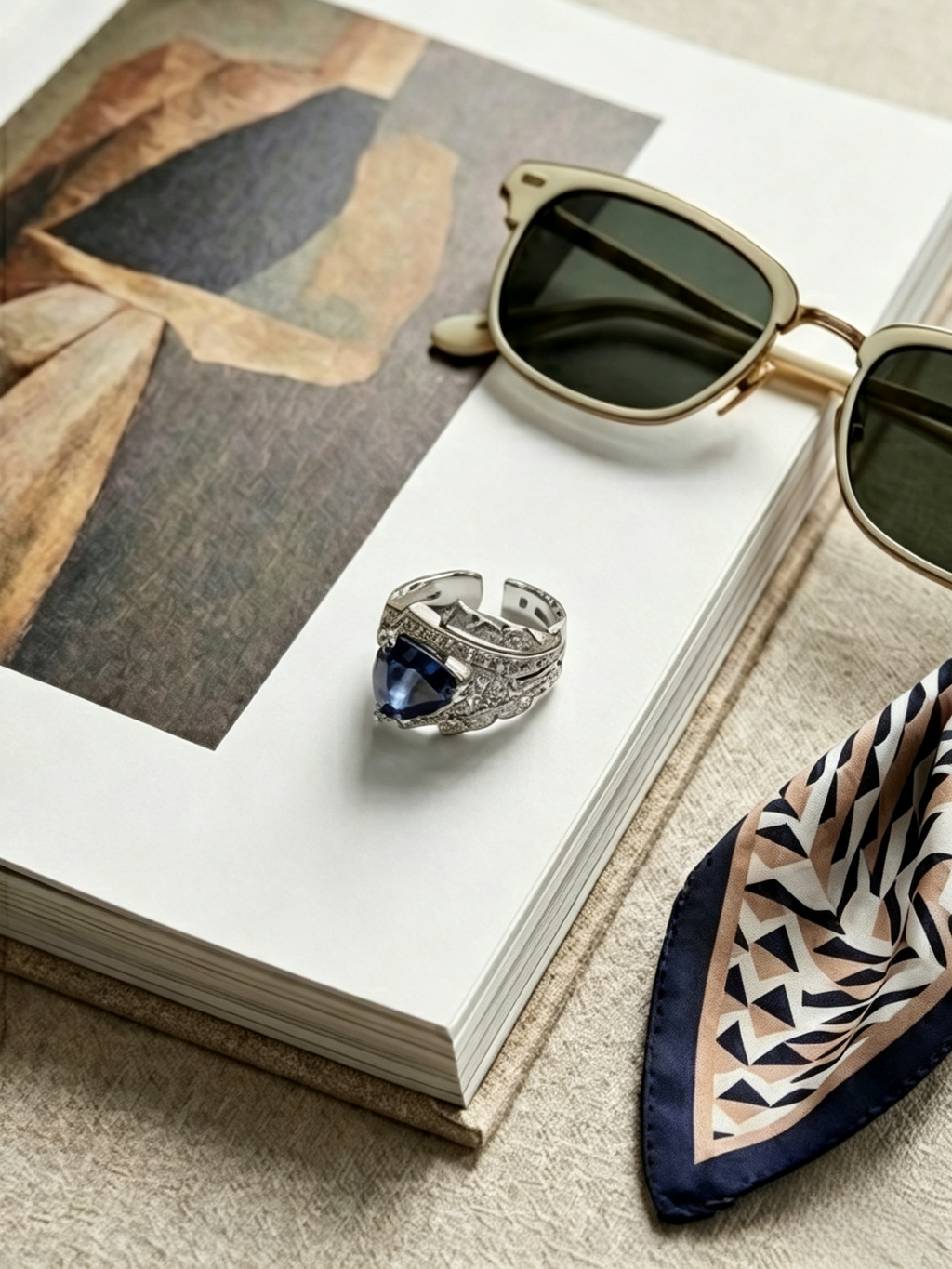 Blue green trillion moissanite ring on hand — alternative luxury, platinum-plated S925 silver | TARA AYARH LUNE