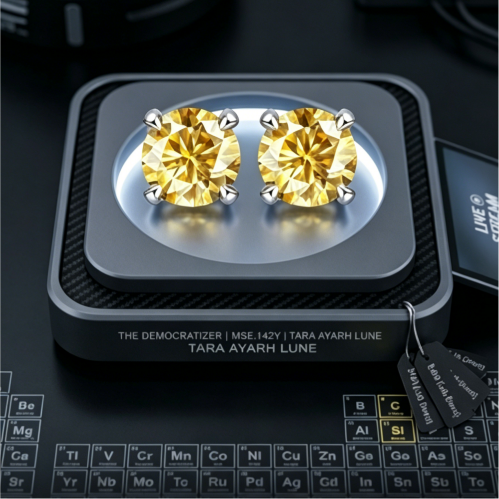 2ctw yellow Asscher-cut moissanite geometric halo stud earrings — canary yellow, art-deco square halo | TARA AYARH LUNE