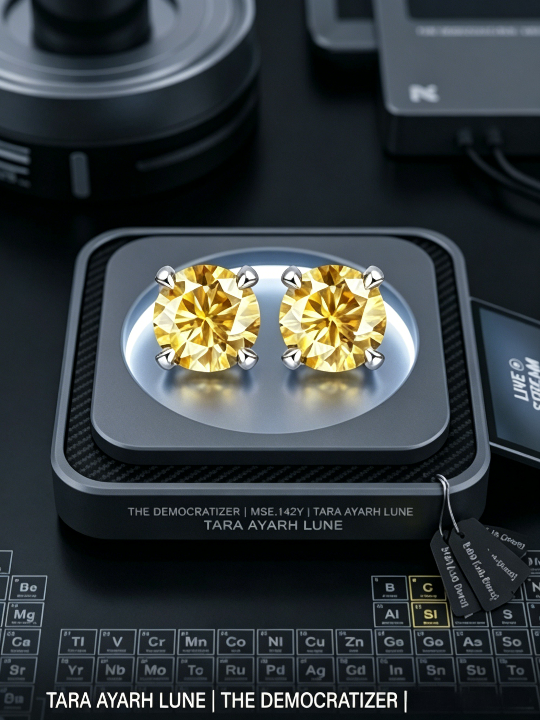 2ctw yellow Asscher-cut moissanite geometric halo stud earrings — canary yellow, art-deco square halo | TARA AYARH LUNE