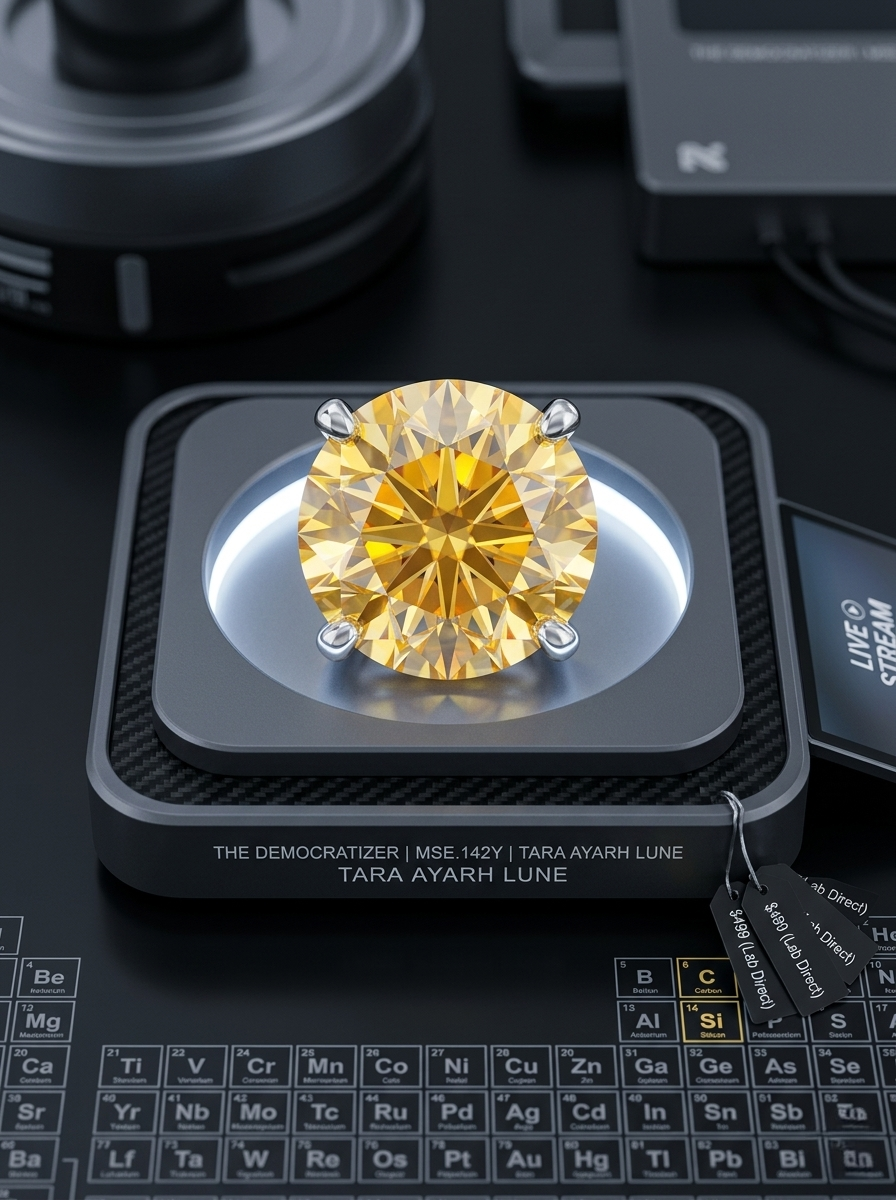 Yellow Asscher moissanite halo stud earring close-up — step-cut facets, geometric frame detail | TARA AYARH LUNE