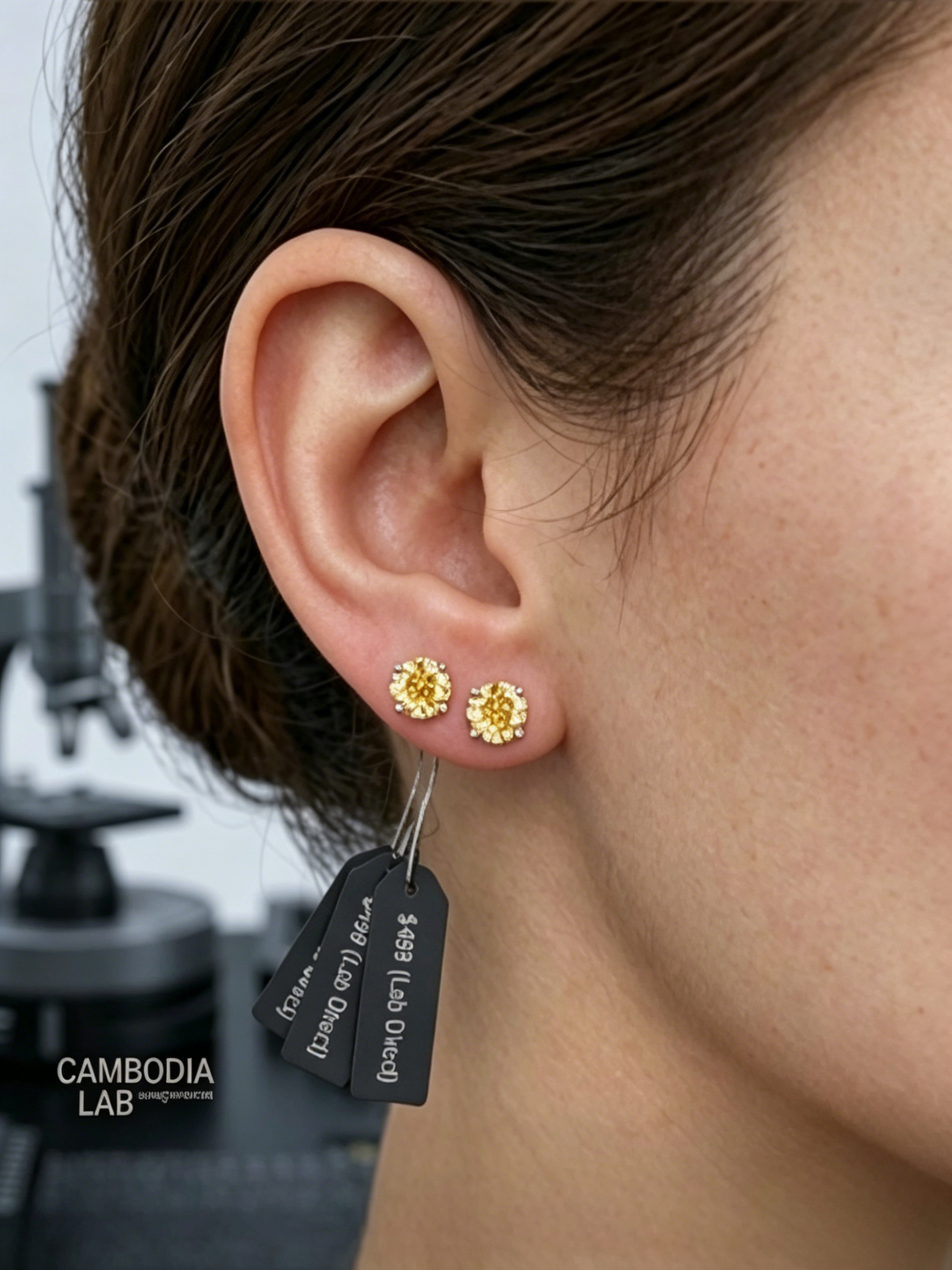 Canary yellow Asscher moissanite stud earrings on model — 2ctw, rhodium-plated S925 silver | TARA AYARH LUNE